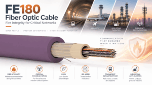 FE180 fiber optic cable infographic showing fire integrity, IEC 60331, LSZH construction and applications in rail, metro, airports, industrial facilities and emergency communication networks.