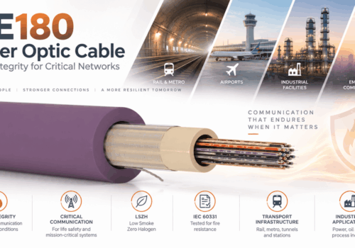 FE180 fiber optic cable infographic showing fire integrity, IEC 60331, LSZH construction and applications in rail, metro, airports, industrial facilities and emergency communication networks.
