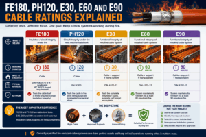 FE180, PH120, E30, E60 and E90 fire cable ratings comparison showing cable integrity, mechanical shock and system functional integrity differences.