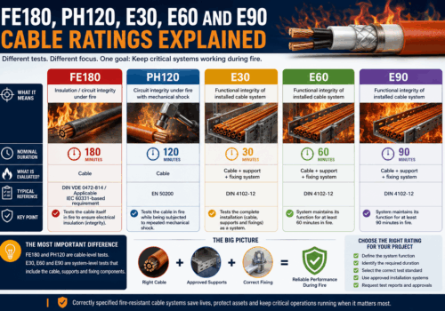 FE180, PH120, E30, E60 and E90 fire cable ratings comparison showing cable integrity, mechanical shock and system functional integrity differences.