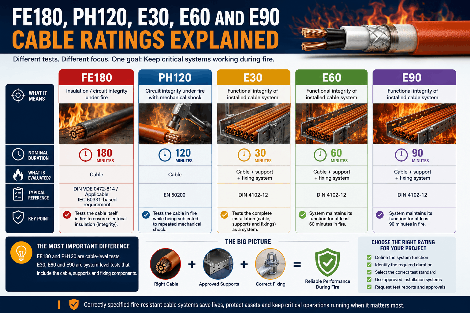 FE180, PH120, E30, E60 and E90 fire cable ratings comparison showing cable integrity, mechanical shock and system functional integrity differences.