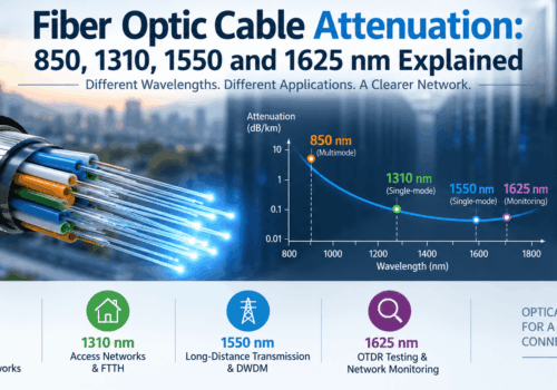 Fiber optic cable attenuation infographic comparing 850, 1310, 1550 and 1625 nm wavelengths, including multimode and single-mode loss, long-distance transmission, FTTH, OTDR testing and network monitoring.
