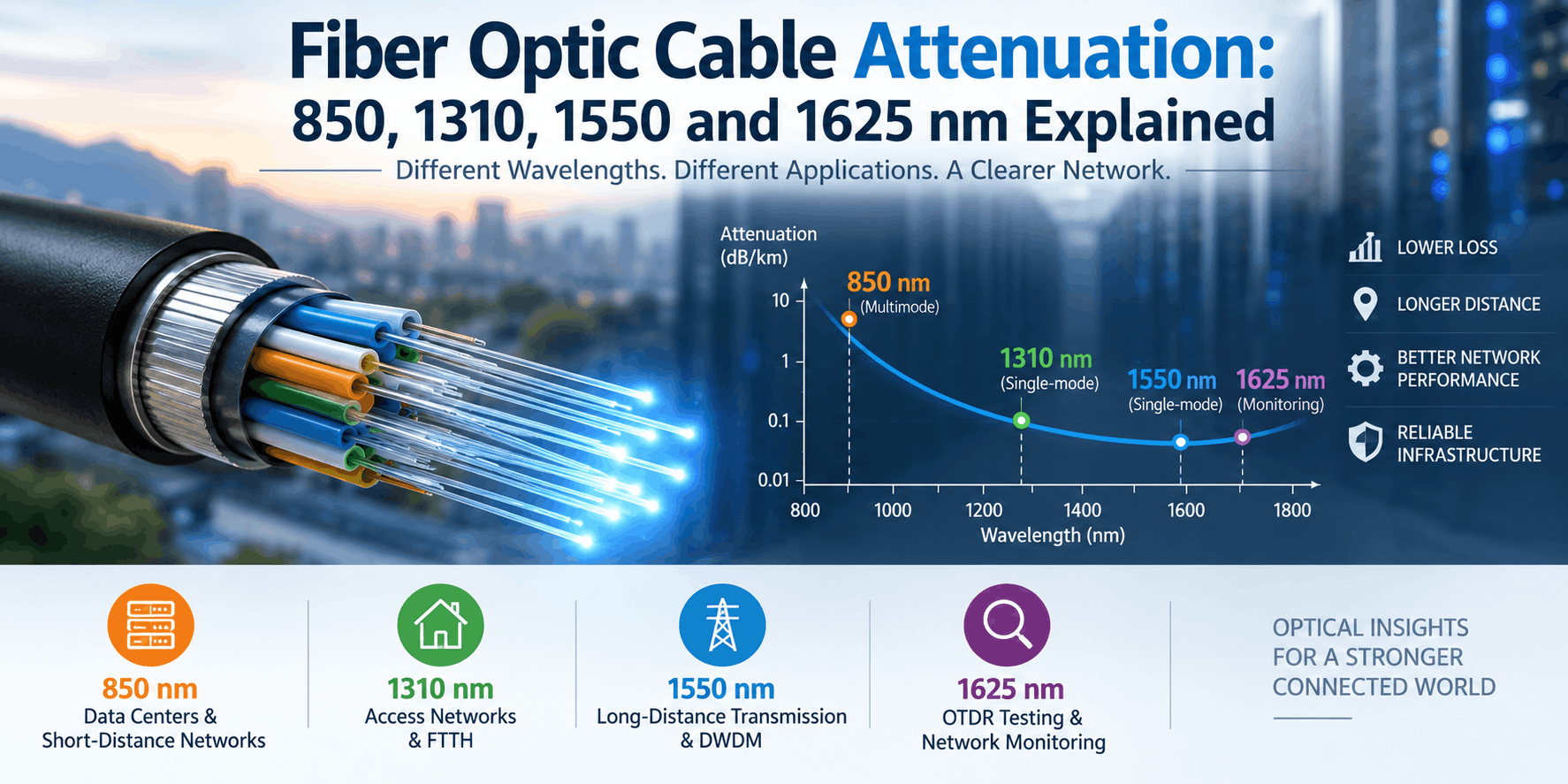 Fiber optic cable attenuation infographic comparing 850, 1310, 1550 and 1625 nm wavelengths, including multimode and single-mode loss, long-distance transmission, FTTH, OTDR testing and network monitoring.