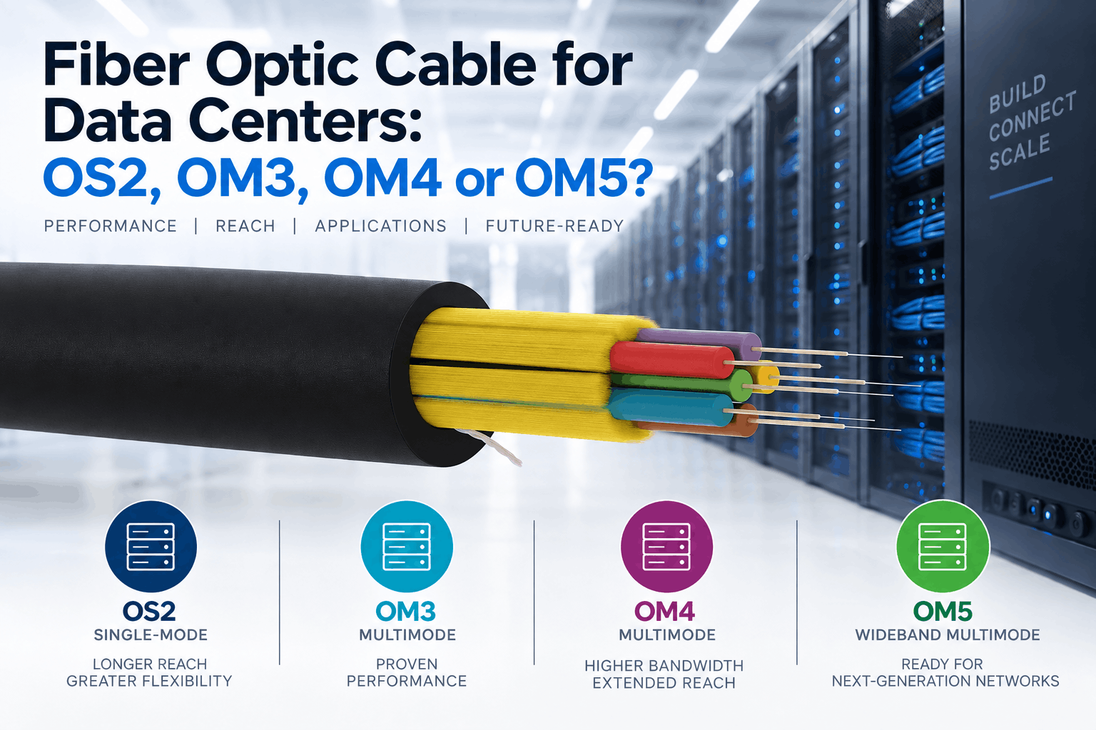 Data center fiber cable comparison of OS2, OM3, OM4 and OM5, highlighting single-mode and multimode options, bandwidth, reach and future-ready network applications.
