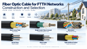FTTH fiber optic cable infographic showing multi loose tube, single loose tube armored, microduct, aerial drop, drop and tight-buffered indoor cable constructions for feeder, distribution and home connection networks.