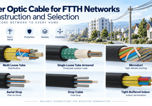 FTTH fiber optic cable infographic showing multi loose tube, single loose tube armored, microduct, aerial drop, drop and tight-buffered indoor cable constructions for feeder, distribution and home connection networks.