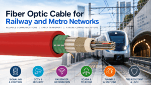 Railway fiber optic cable for metro and rail networks showing a fire-resistant armored cable for signaling, CCTV, passenger information, SCADA, telecom, tunnels and station infrastructure.