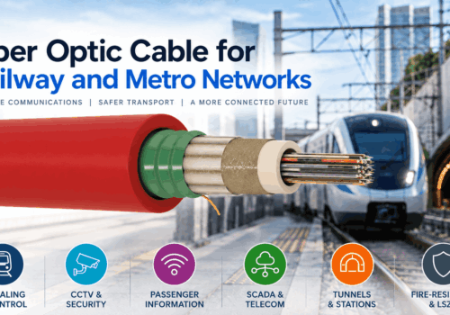 Railway fiber optic cable for metro and rail networks showing a fire-resistant armored cable for signaling, CCTV, passenger information, SCADA, telecom, tunnels and station infrastructure.