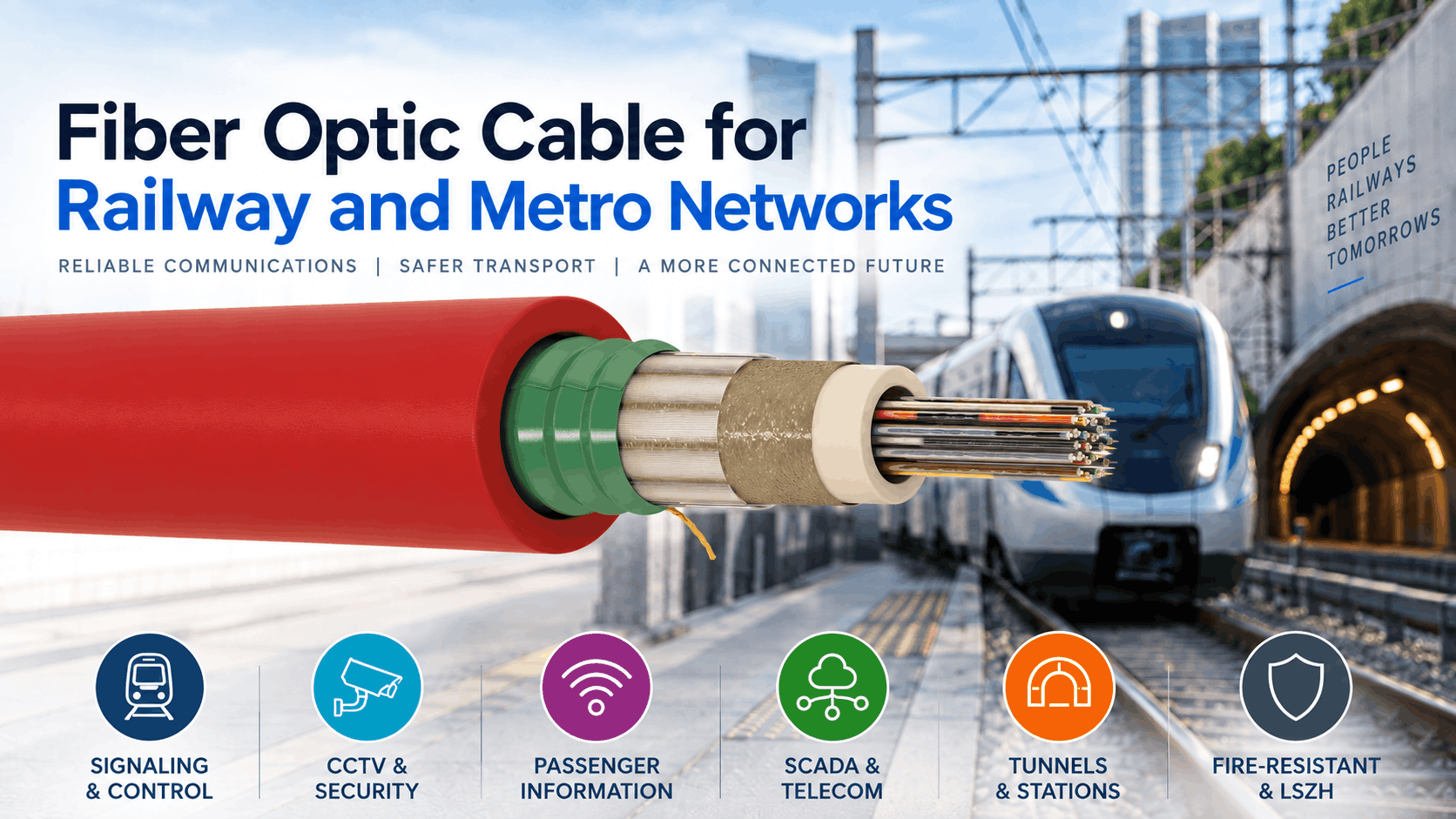Railway fiber optic cable for metro and rail networks showing a fire-resistant armored cable for signaling, CCTV, passenger information, SCADA, telecom, tunnels and station infrastructure.