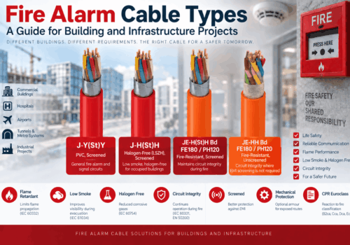 Fire alarm cable types comparison showing J-Y(St)Y, J-H(St)H, JE-H(St)H Bd and JE-HH Bd with PVC, LSZH, screening, circuit integrity and fire performance differences.