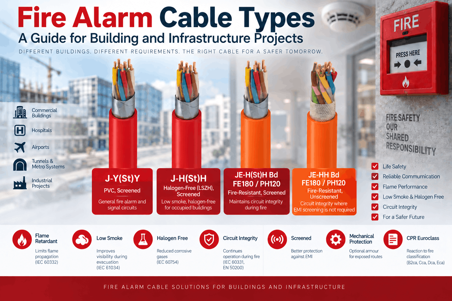 Fire alarm cable types comparison showing J-Y(St)Y, J-H(St)H, JE-H(St)H Bd and JE-HH Bd with PVC, LSZH, screening, circuit integrity and fire performance differences.
