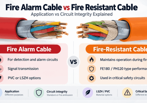 Fire alarm vs fire resistant cable infographic comparing fire alarm signal cables with FE180 and PH120 fire-resistant cables designed to maintain circuit integrity during fire.