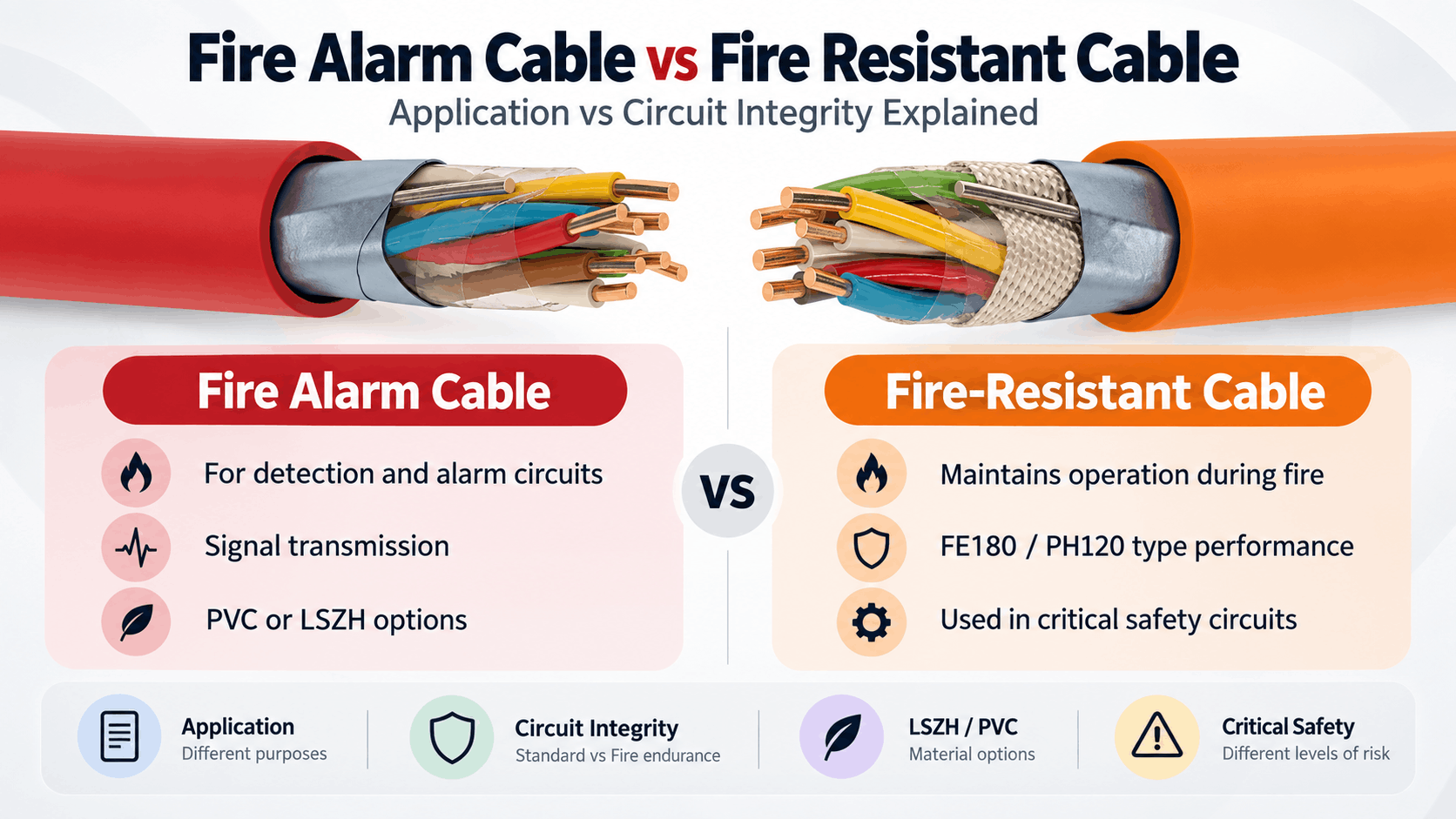Fire alarm vs fire resistant cable infographic comparing fire alarm signal cables with FE180 and PH120 fire-resistant cables designed to maintain circuit integrity during fire.