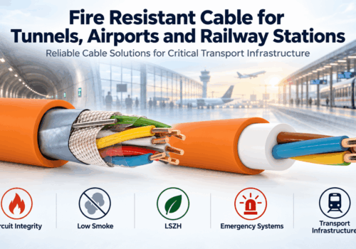 Fire resistant cable for tunnels, airports and railway stations showing LSZH fire-survival cable constructions for circuit integrity, emergency systems and transport infrastructure.