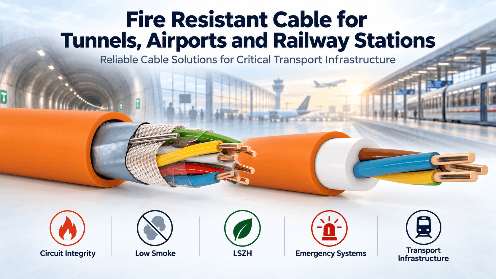 Fire resistant cable for tunnels, airports and railway stations showing LSZH fire-survival cable constructions for circuit integrity, emergency systems and transport infrastructure.