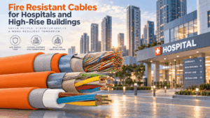 Fire resistant cable for hospitals and high-rise buildings showing multiple fire-survival cable constructions for life-safety systems, emergency lighting, smoke control and critical building infrastructure.