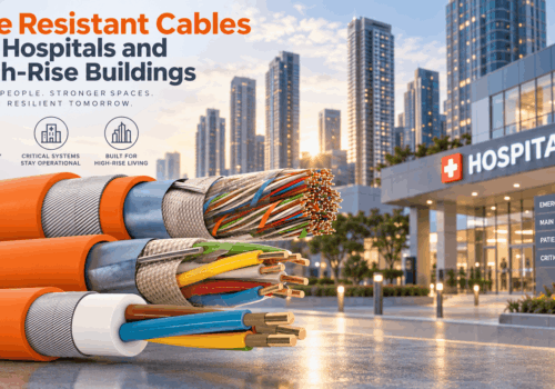 Fire resistant cable for hospitals and high-rise buildings showing multiple fire-survival cable constructions for life-safety systems, emergency lighting, smoke control and critical building infrastructure.