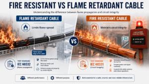 Fire resistant vs flame retardant cable comparison showing flame propagation control, circuit integrity, IEC 60332 and IEC 60331 differences.