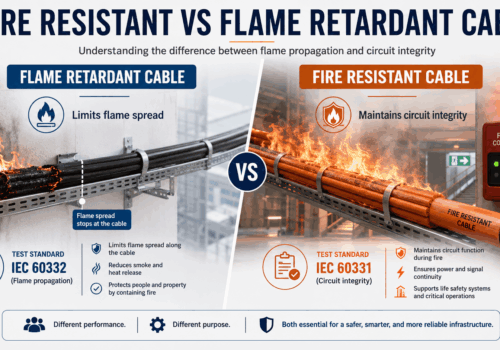Fire resistant vs flame retardant cable comparison showing flame propagation control, circuit integrity, IEC 60332 and IEC 60331 differences.