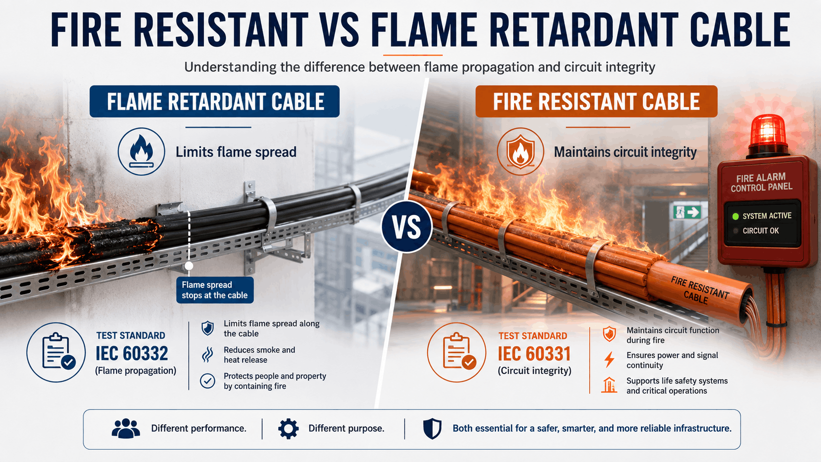 Fire resistant vs flame retardant cable comparison showing flame propagation control, circuit integrity, IEC 60332 and IEC 60331 differences.