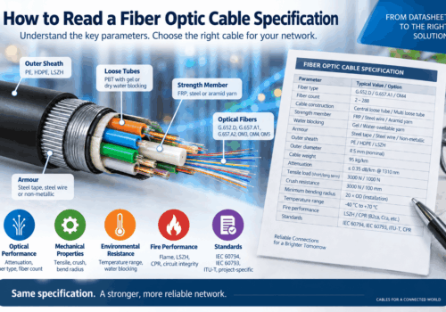 Fiber optic cable specification infographic explaining fiber type, fiber count, loose tube construction, strength members, armour, attenuation, tensile load, bend radius, fire performance and cable standards.