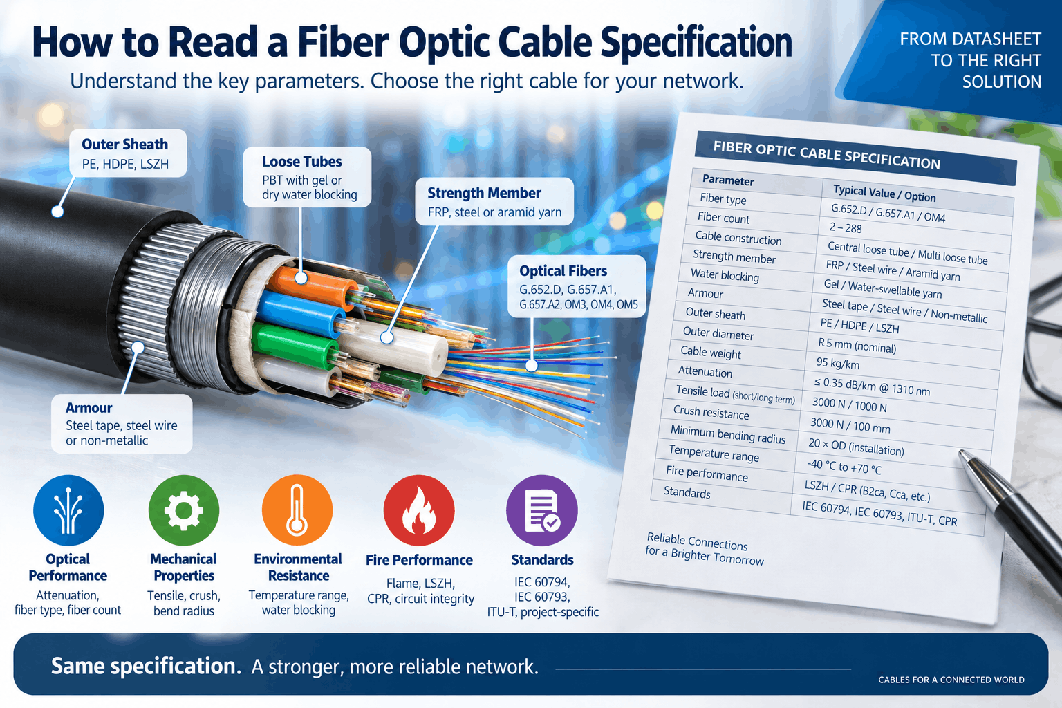 Fiber optic cable specification infographic explaining fiber type, fiber count, loose tube construction, strength members, armour, attenuation, tensile load, bend radius, fire performance and cable standards.