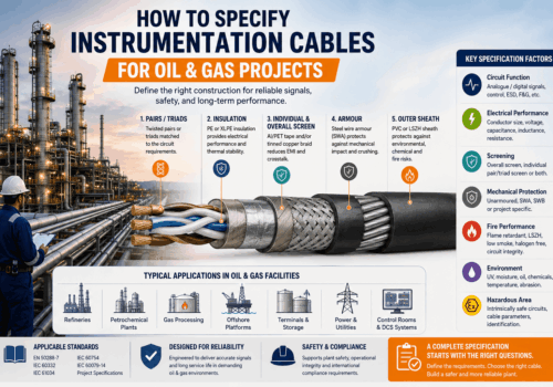 Oil and gas instrumentation cable specification infographic showing pairs, insulation, screening, armour, outer sheath and key project requirements.
