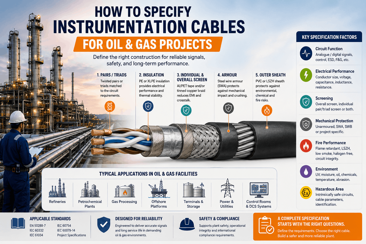 Oil and gas instrumentation cable specification infographic showing pairs, insulation, screening, armour, outer sheath and key project requirements.