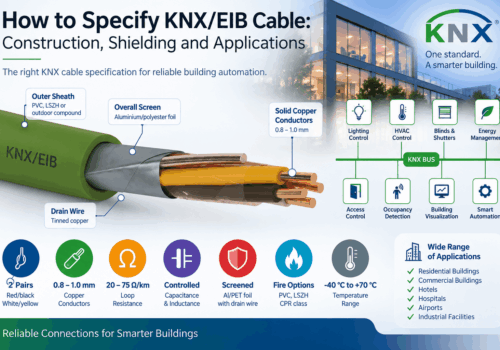 KNX cable specification infographic showing KNX/EIB cable construction, overall shielding, copper conductors, electrical characteristics and building automation applications.