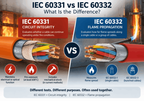IEC 60331 vs IEC 60332 infographic comparing circuit integrity under fire and mechanical shock with single-cable and bunched-cable flame propagation testing.