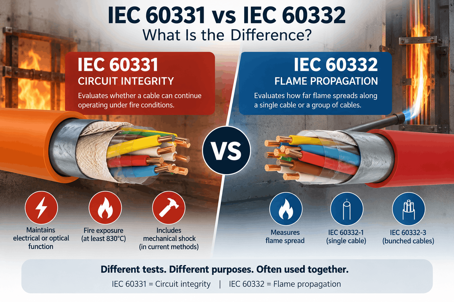 IEC 60331 vs IEC 60332 infographic comparing circuit integrity under fire and mechanical shock with single-cable and bunched-cable flame propagation testing.