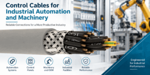 Industrial control cable selection infographic showing a screened multicore control cable for automation systems, control panels, machinery, OEM equipment and industrial facilities.