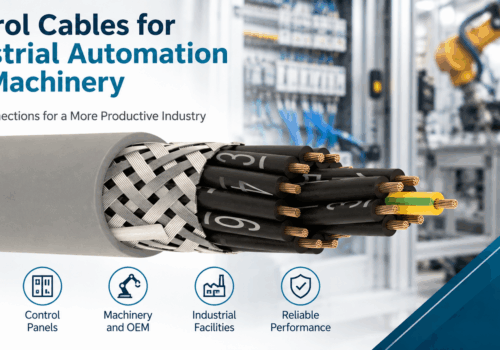 Industrial control cable selection infographic showing a screened multicore control cable for automation systems, control panels, machinery, OEM equipment and industrial facilities.
