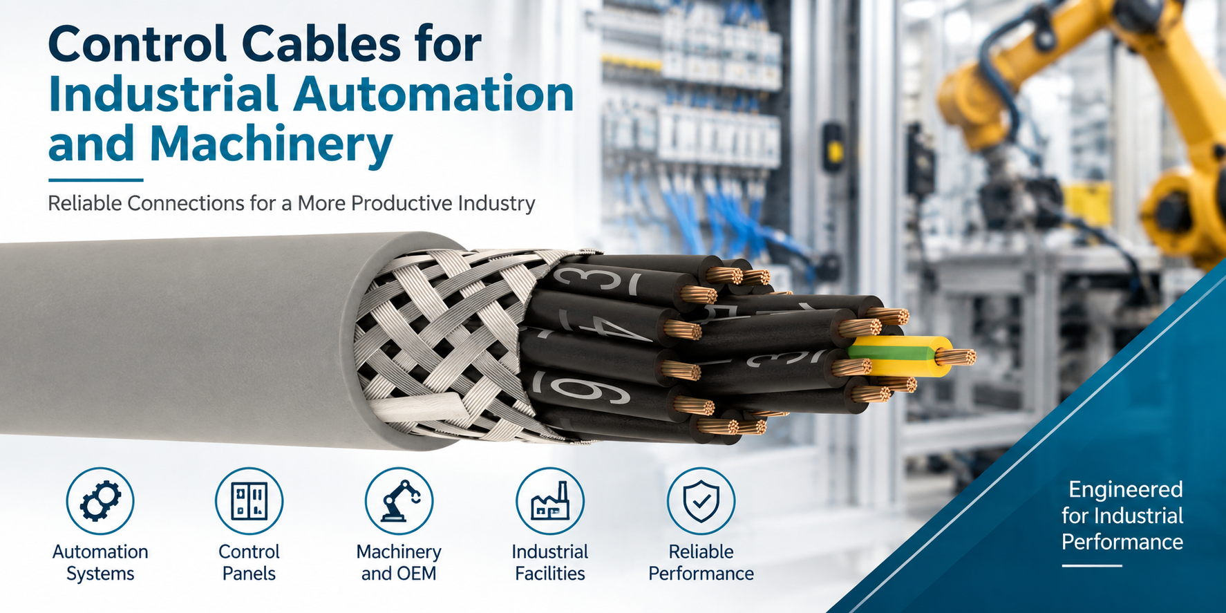 Industrial control cable selection infographic showing a screened multicore control cable for automation systems, control panels, machinery, OEM equipment and industrial facilities.