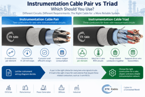 Instrumentation cable pair vs triad comparison showing 2-conductor pairs for 4–20 mA loops and 3-conductor triads for 3-wire RTD and transmitter circuits.