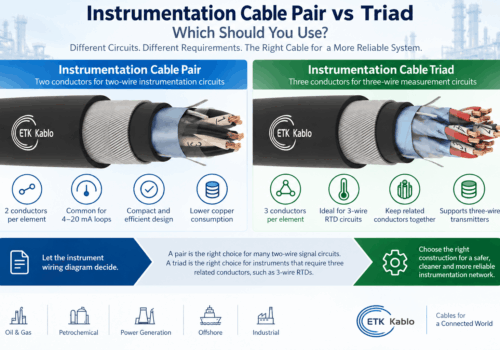 Instrumentation cable pair vs triad comparison showing 2-conductor pairs for 4–20 mA loops and 3-conductor triads for 3-wire RTD and transmitter circuits.