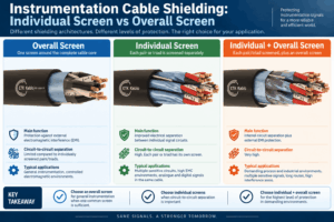Instrumentation cable shielding comparison showing overall screen, individual pair or triad screens, and combined individual plus overall shielding for EMI protection.