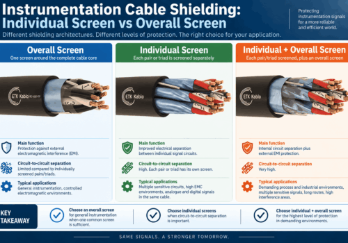 Instrumentation cable shielding comparison showing overall screen, individual pair or triad screens, and combined individual plus overall shielding for EMI protection.