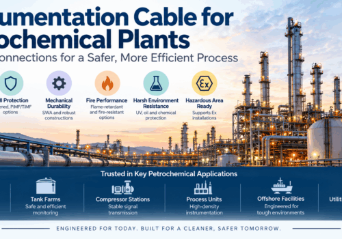 Instrumentation cable for petrochemical plants infographic covering analogue and digital signals, EMI protection, SWA mechanical durability, fire performance, hazardous areas, refineries, tank farms and process units.