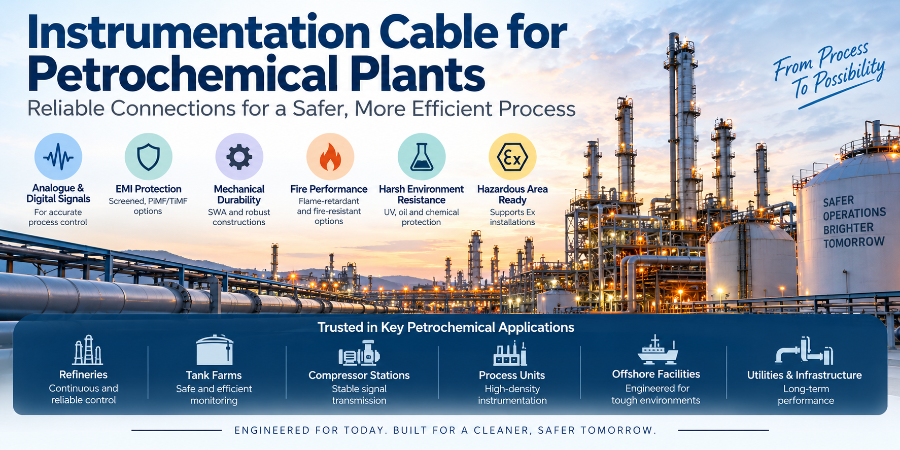 Instrumentation cable for petrochemical plants infographic covering analogue and digital signals, EMI protection, SWA mechanical durability, fire performance, hazardous areas, refineries, tank farms and process units.