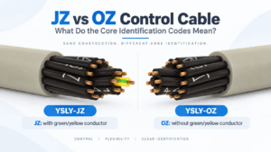 JZ vs OZ control cable comparison showing YSLY-JZ with a green-yellow protective conductor and YSLY-OZ without one, both using black numbered cores for industrial control applications.