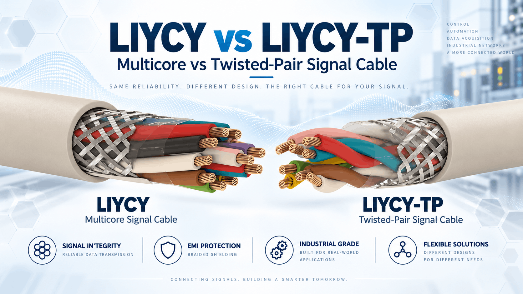 LIYCY vs LIYCY-TP comparison showing multicore and twisted-pair screened signal cable constructions for industrial automation, signal integrity and EMI protection.