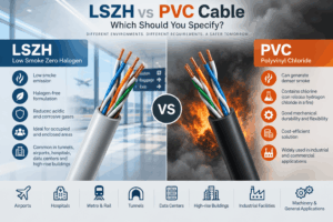 LSZH vs PVC cable comparison showing differences in smoke emission, halogen content, corrosive gases, flexibility, cost and typical applications.