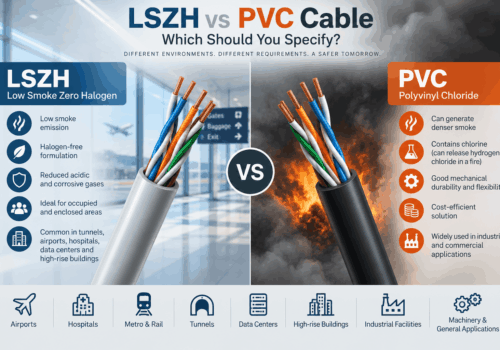 LSZH vs PVC cable comparison showing differences in smoke emission, halogen content, corrosive gases, flexibility, cost and typical applications.