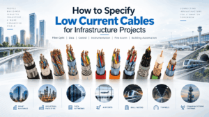 Low current cable specification infographic showing fiber optic, data, control, instrumentation, fire alarm and building automation cables for smart buildings, industrial facilities, airports, rail, metro, tunnels and communication networks.