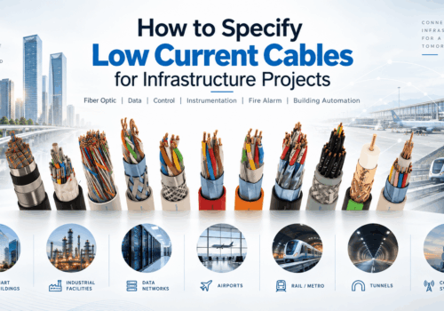Low current cable specification infographic showing fiber optic, data, control, instrumentation, fire alarm and building automation cables for smart buildings, industrial facilities, airports, rail, metro, tunnels and communication networks.