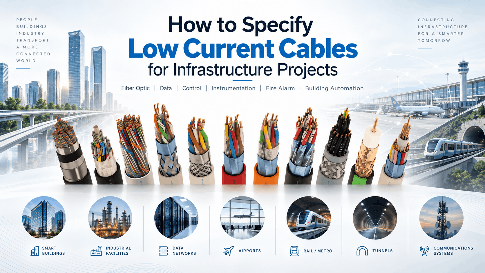 Low current cable specification infographic showing fiber optic, data, control, instrumentation, fire alarm and building automation cables for smart buildings, industrial facilities, airports, rail, metro, tunnels and communication networks.