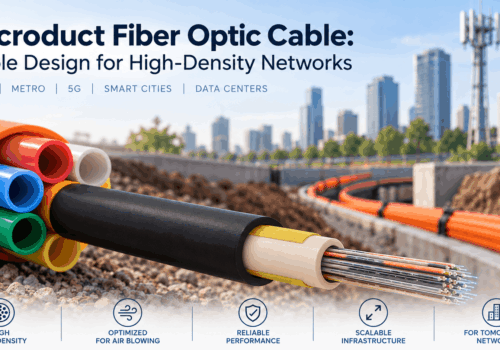Microduct fiber optic cable for high-density networks showing a compact air-blown cable design, colored microducts, FTTX, metro, 5G, smart city and data center applications.
