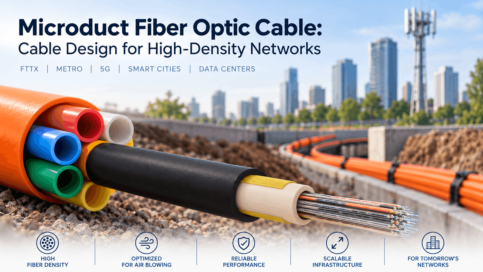 Microduct fiber optic cable for high-density networks showing a compact air-blown cable design, colored microducts, FTTX, metro, 5G, smart city and data center applications.