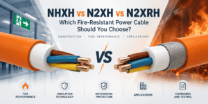 NHXH vs N2XH vs N2XRH comparison showing fire-resistant power cable constructions, insulation differences, steel-wire armour, fire performance and typical critical infrastructure applications.